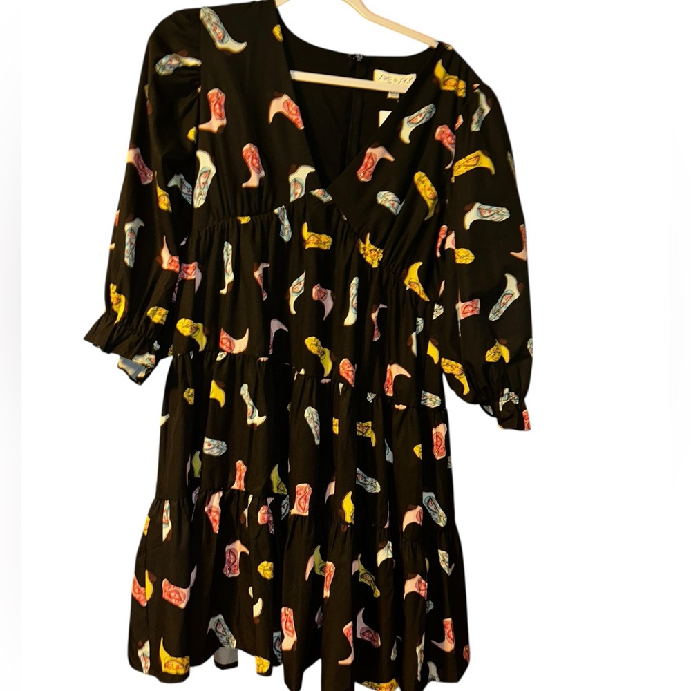 She + sky Tiered black cowboy boots printed dress size Medium M
